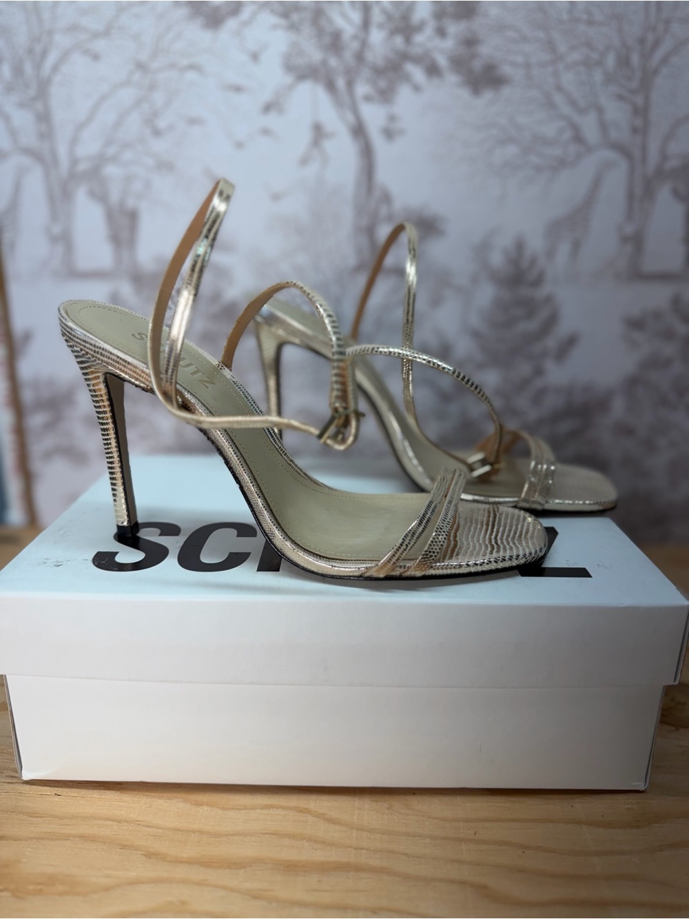Steve Madden Annie Heel in Champagne gold square toe ankle strap high heel